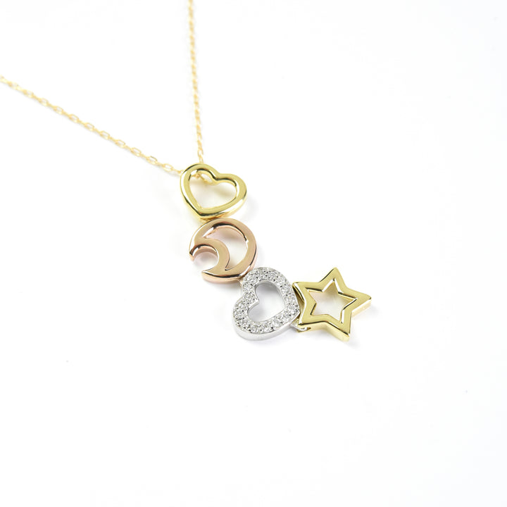 Heart Moon Star N Diamond Pendant With Chain